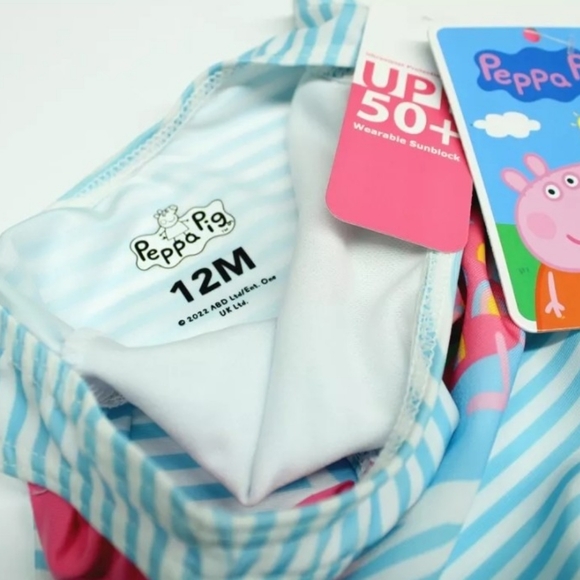 Girl's Toddlers 12M Peppa Pig One Piece Blue/White Striped Swimsuit with UPF 50+ - Picture 5 of 5